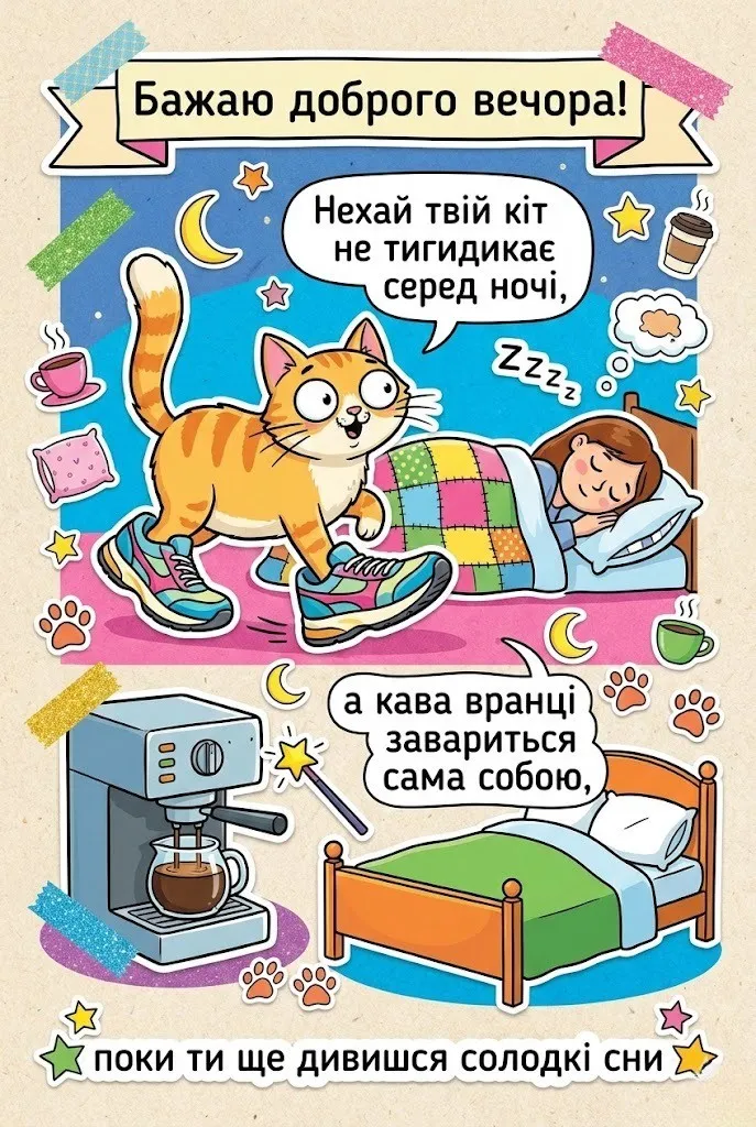 Прикольні картинки доброго вечора: яскраві листівки та побажання для гарного відпочинку