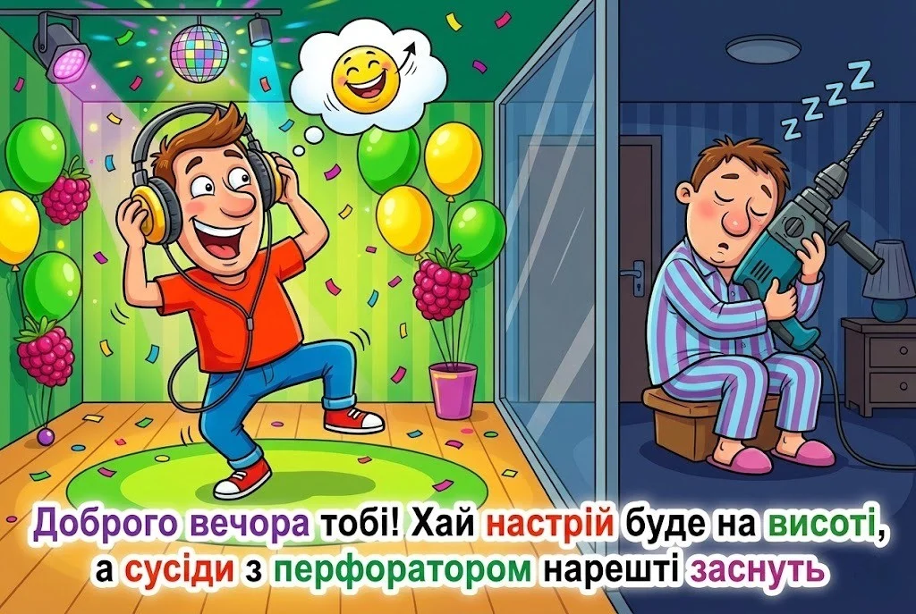 Прикольні картинки доброго вечора: яскраві листівки та побажання для гарного відпочинку